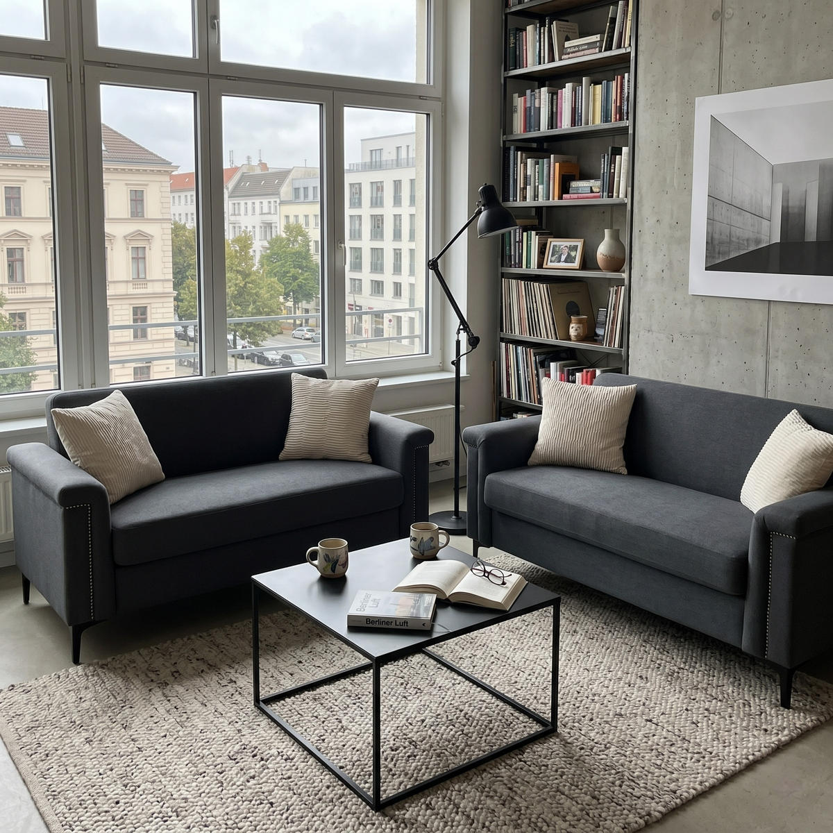 SITZGARNITUR DE-35071 mit Leinenbezug Blau - Dunkelgrau, Holzwerkstoff (73.5/81.5/172cm) - ComfortXL