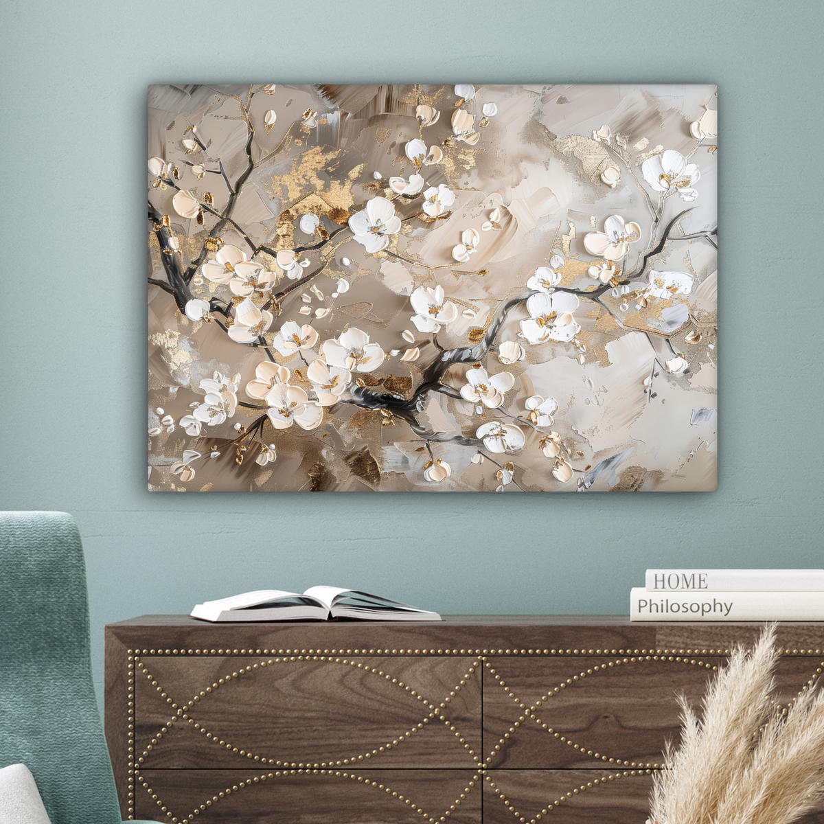LEINWANDBILD - Blumen - Weiß - Gold - Beige - Luxus - 80x60 - Malerei - Greige, Textil (80/60cm) - MuchoWow