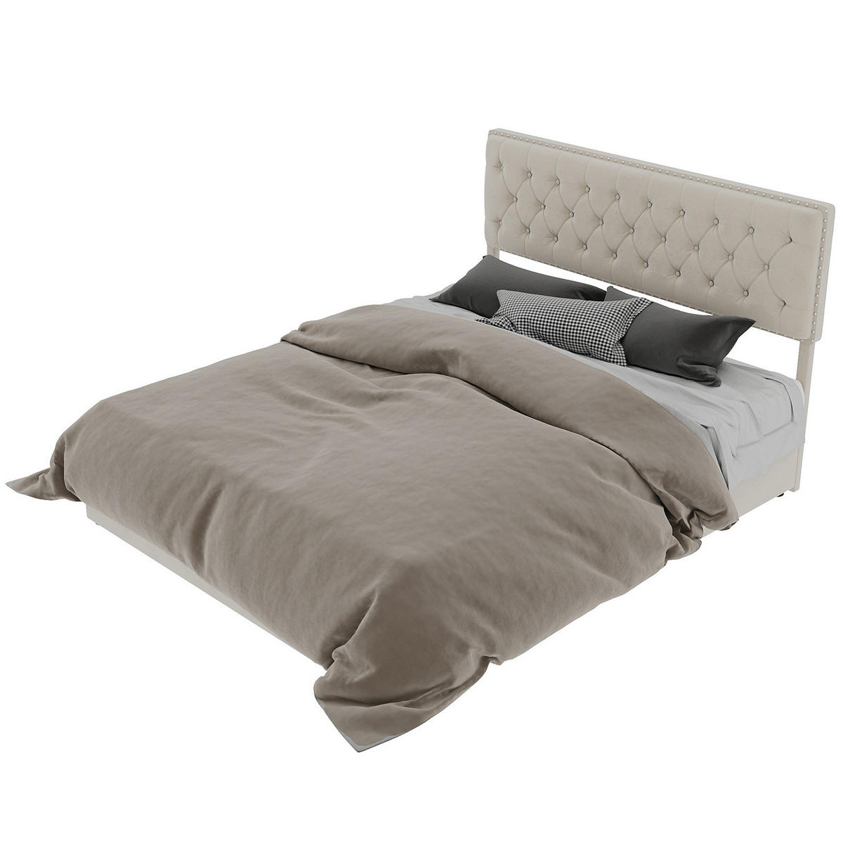 ČALOUNĚNÁ postel 160/200 cm béžová z látky a kovu s vysokým čelem a úložným prostorem - béžová, textil (160/200cm) - OKWISH