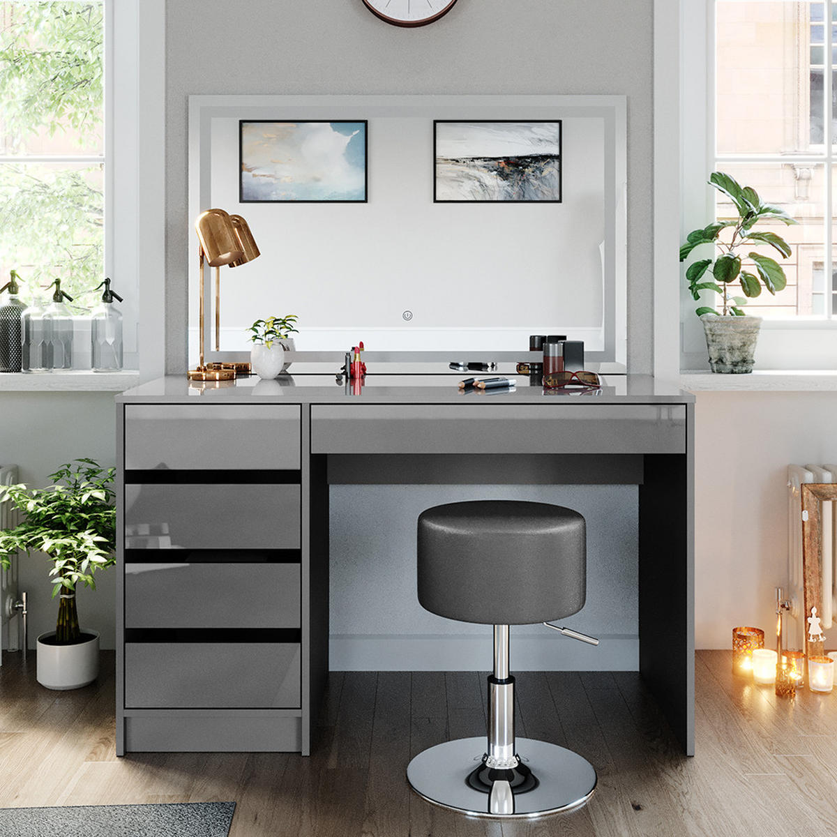 SCHMINKTISCH Sherry Grau 120 cm mit LED-Spiegel und Hocker - Grau, Holzwerkstoff (120/75/55cm) - Vicco