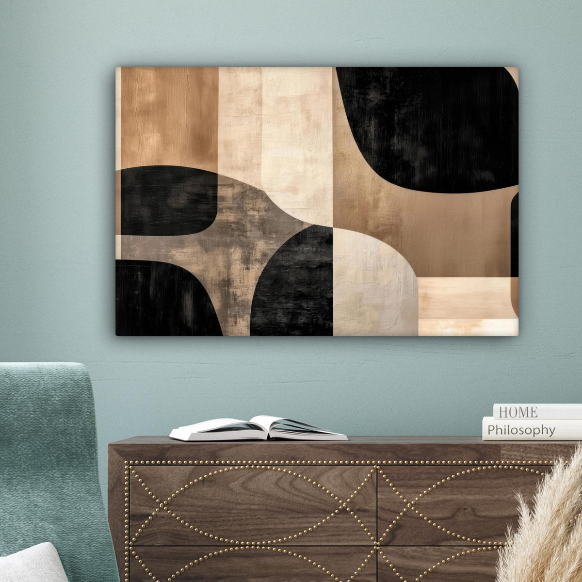 LEINWANDBILD Abstrakt - Flugzeuge - Schwarz - Rund Gemälde 60x40 cm - Beige, Textil (60/40cm) - MuchoWow