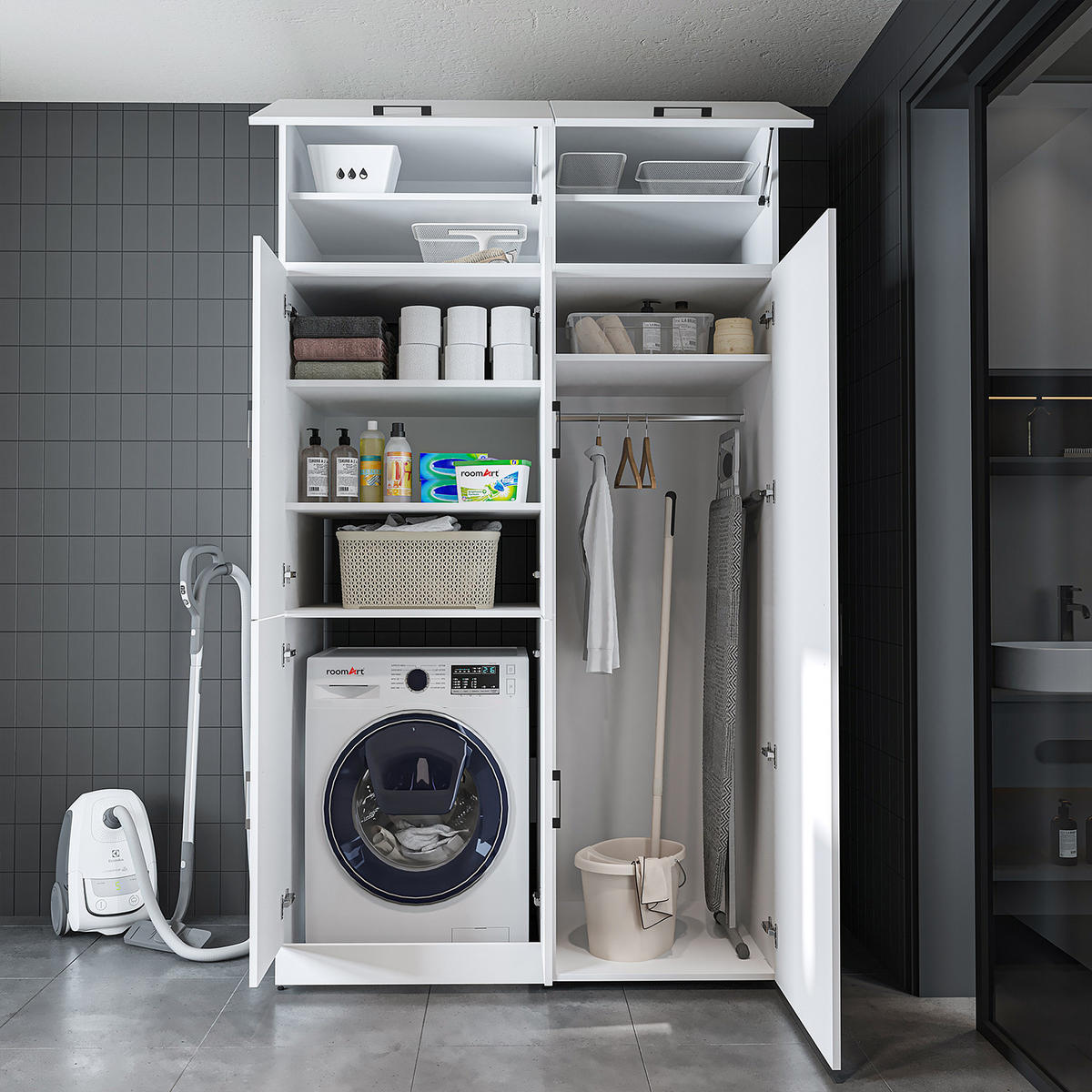 WASCHMASCHINENSCHRANK DORA-II 130cm Breit, 230cm Hoch - Weiß, Holzwerkstoff (130/230/73.8cm)