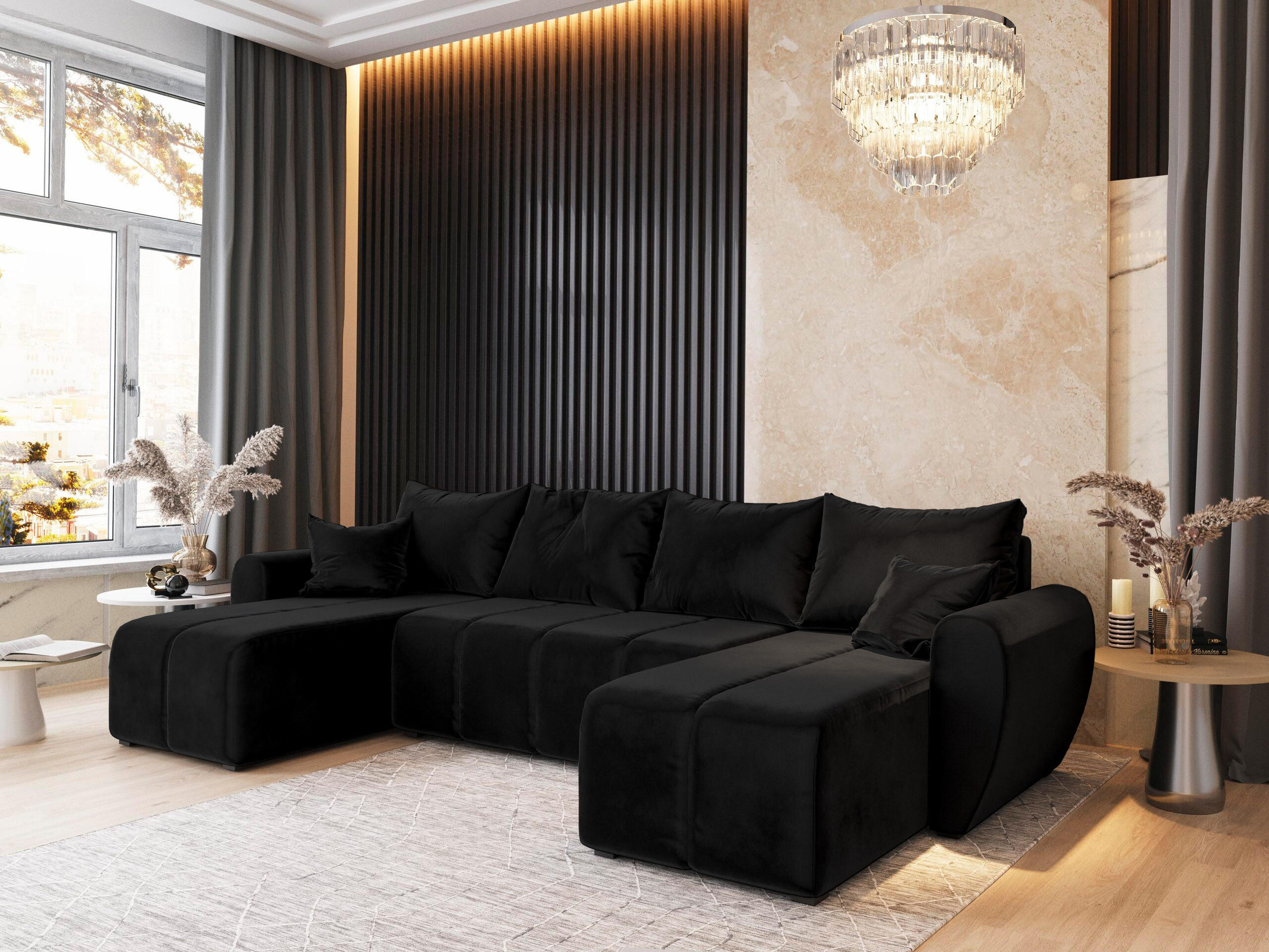 WOHNLANDSCHAFT MADISON U Schwarz Plüsch-Stoff mit Schlaffunktion - Schwarz, Holz (311/82/145cm) - MASSENO