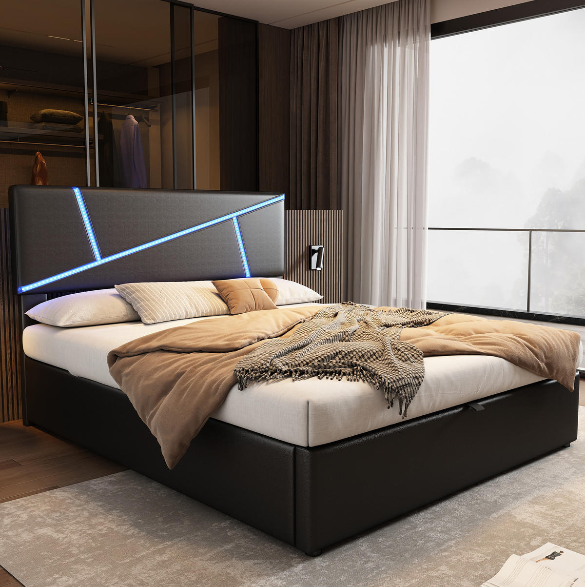 POLSTERBETT mit Stauraum und LED 90x200 cm PU Schwarz - Schwarz, Metall (90/200cm) - Meubliv