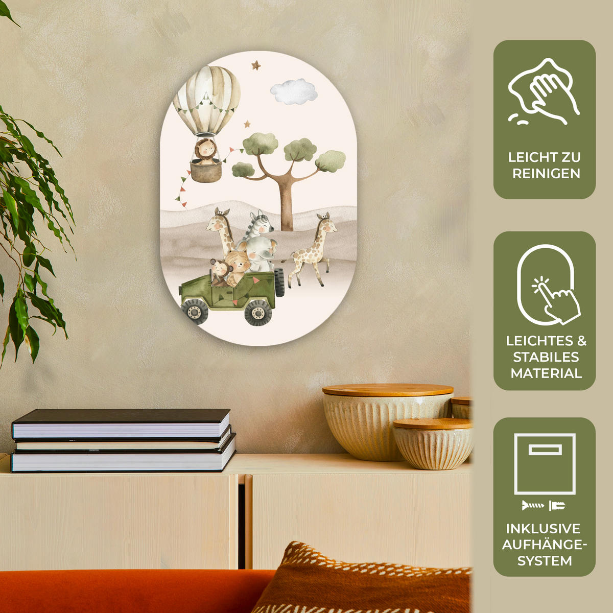 WANDBILD Wilde Tiere - Safari - Aquarell - Heißluftballon 40x60 cm - Beige, Kunststoff (40/60cm) - MuchoWow