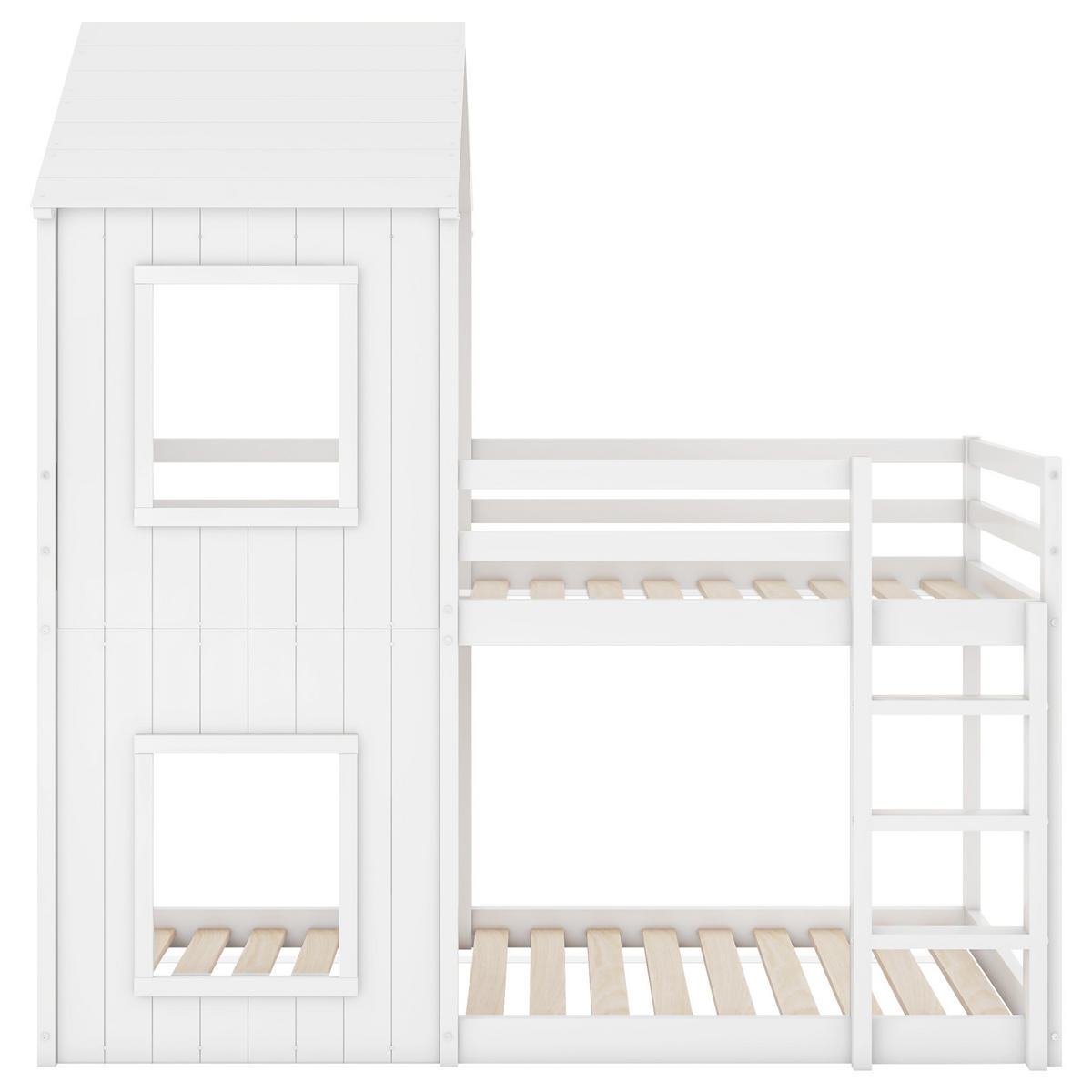 HAUSBETT 90/200 cm Weiß mit Baldachin und Sicherheitsgeländer aus Kiefer - Weiß, Holzwerkstoff (90/200cm) - OKWISH