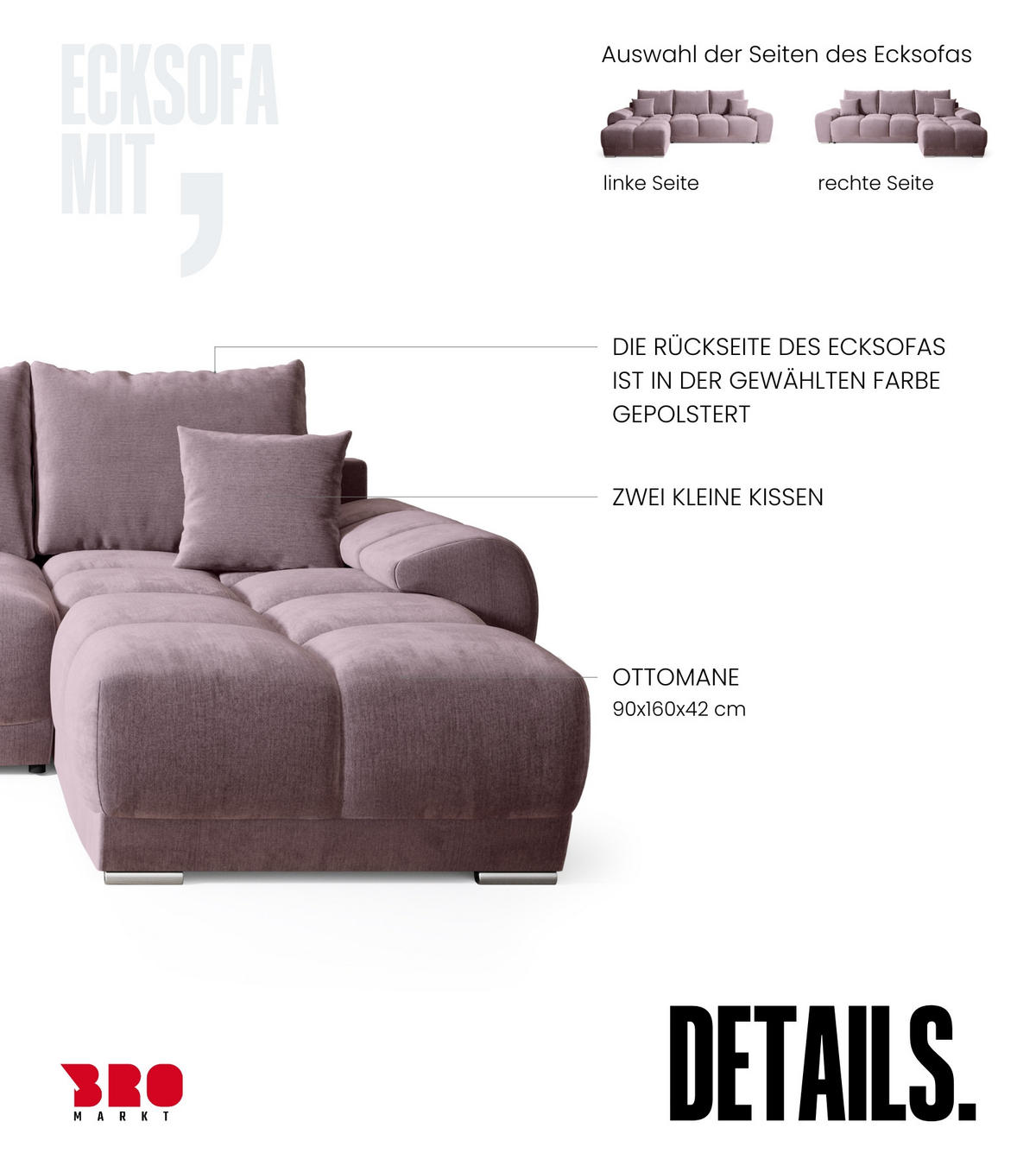 ECKSOFA Nubes mit Schlaffunktion Puderrosa Plüsch - Silberfarben/Rosa, Kunststoff/Textil (290/180cm) - Bromarkt