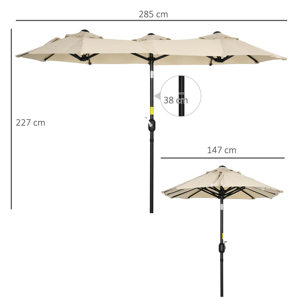 SONNENSCHIRM, Polyester, Stahl, Khaki - Braun, Metall (147/285cm) - Outsunny