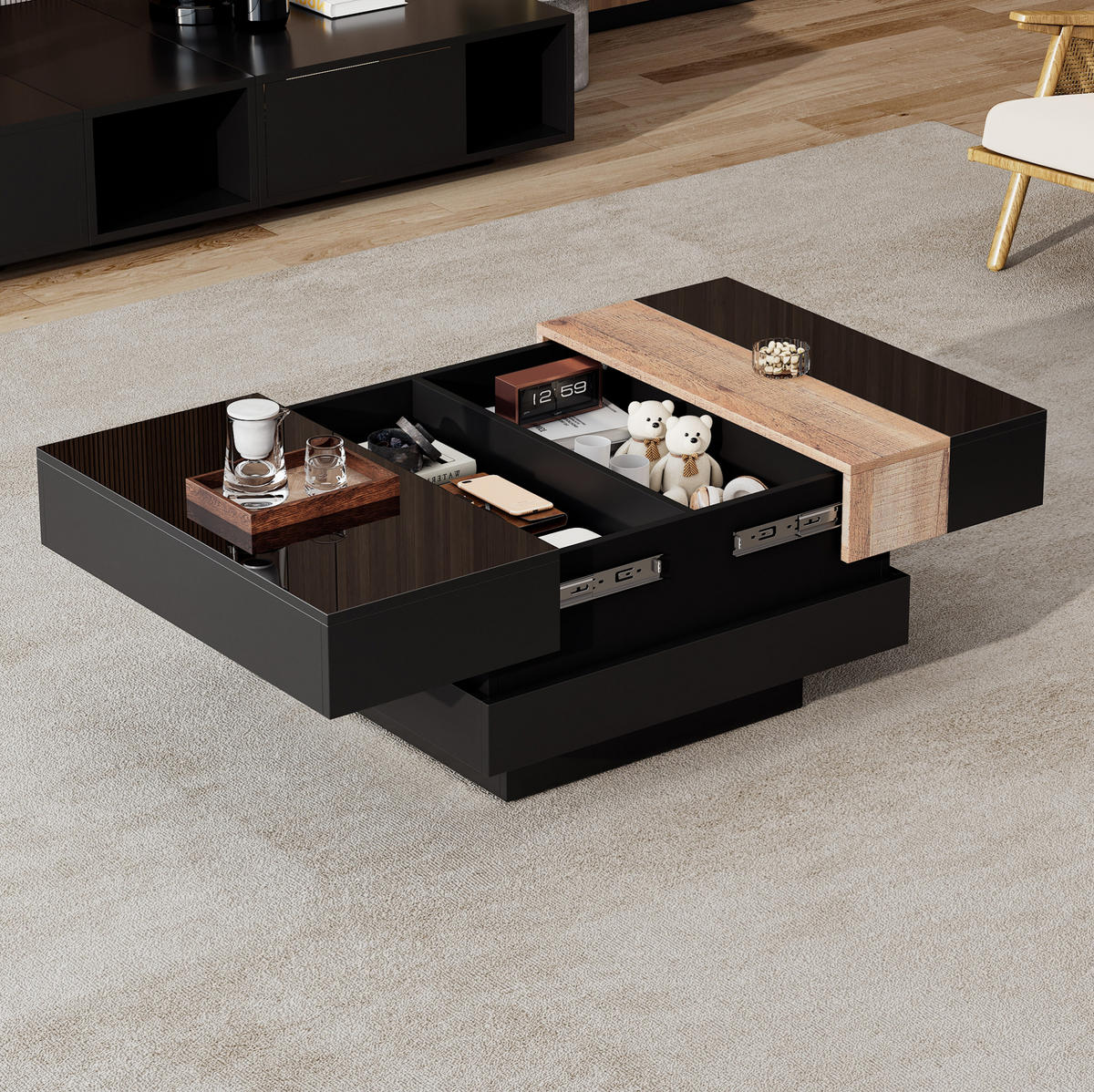 COUCHTISCH 70/70/39 cm mit ausziehbarer Tischplatte, verstecktem Stauraum und Hochglanzoberfläche aus MDF, Schwarz - Schwarz, Holzwerkstoff (70/70/39cm) - Modfu