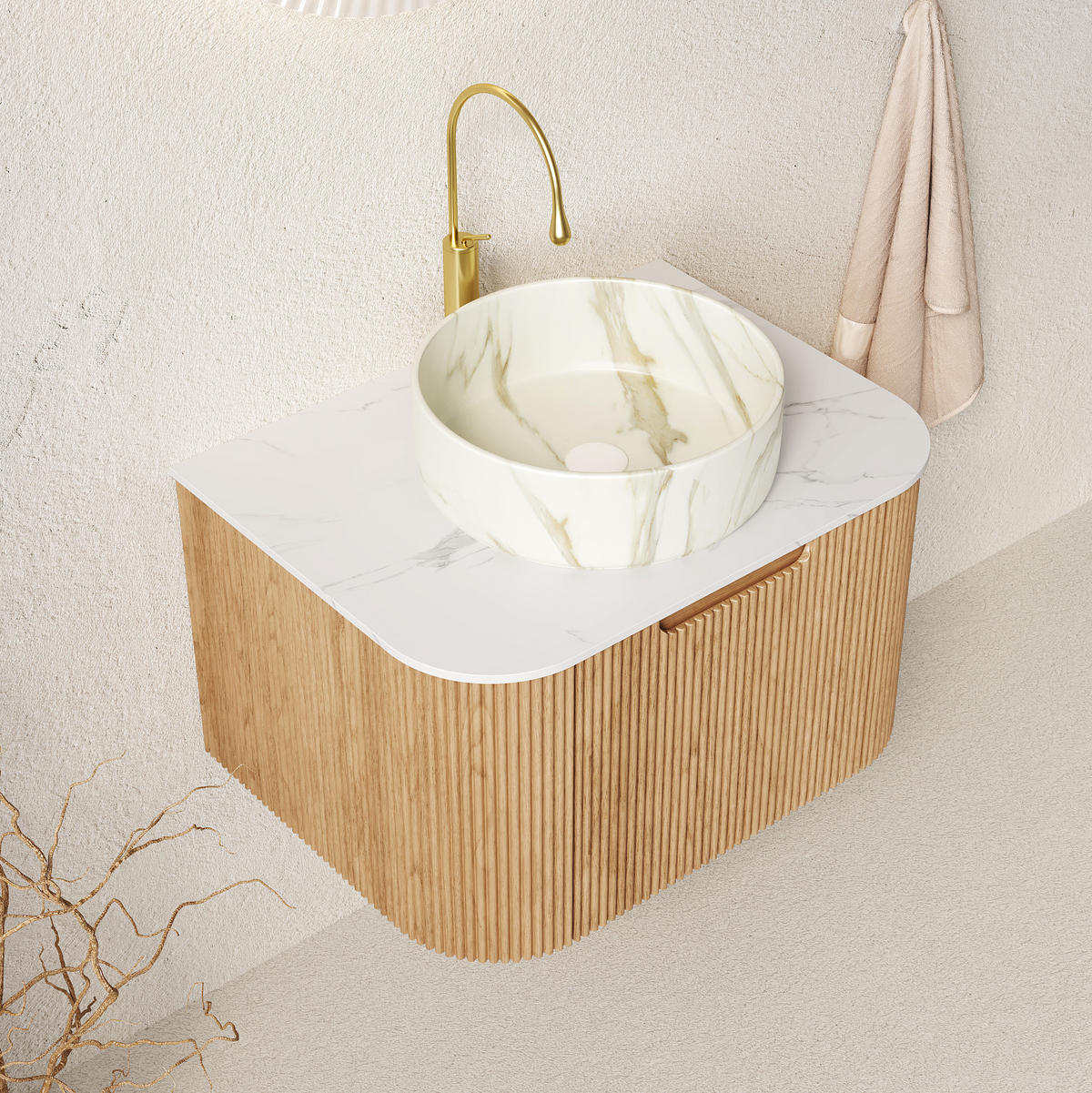 WASCHTISCHKOMBI 61x48x49.1 cm Naturholz & Weiß aus Keramik & Sintered Stone mit 3D-Streifen - Naturfarben, Stein (48/49.1/61cm) - Modfu