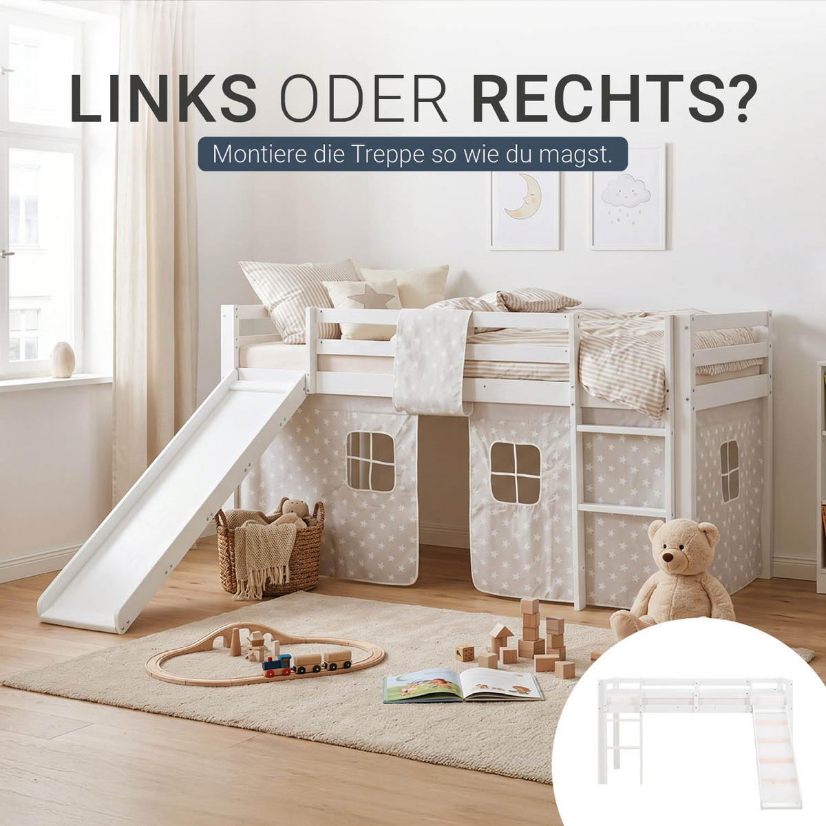 HOCHBETT 90/200 cm in weiß mit Lattenrost + Matratze - Weiß, Holz - Homestyle4u