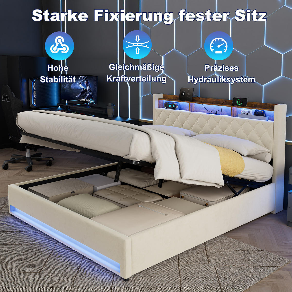 POLSTERBETT 180/200 cm in Beige Samt mit Bettkasten, LED-Beleuchtung und USB-Anschluss - Beige, Holzwerkstoff/Textil (180/200cm) - CHICFURN
