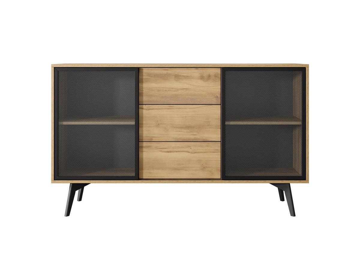 KOMMODE Swift Golden Eiche, zweitürige Kommode mit Schubladen, mit LED - Schwarz/Braun, Holzwerkstoff (144/85/39cm) - Bettso