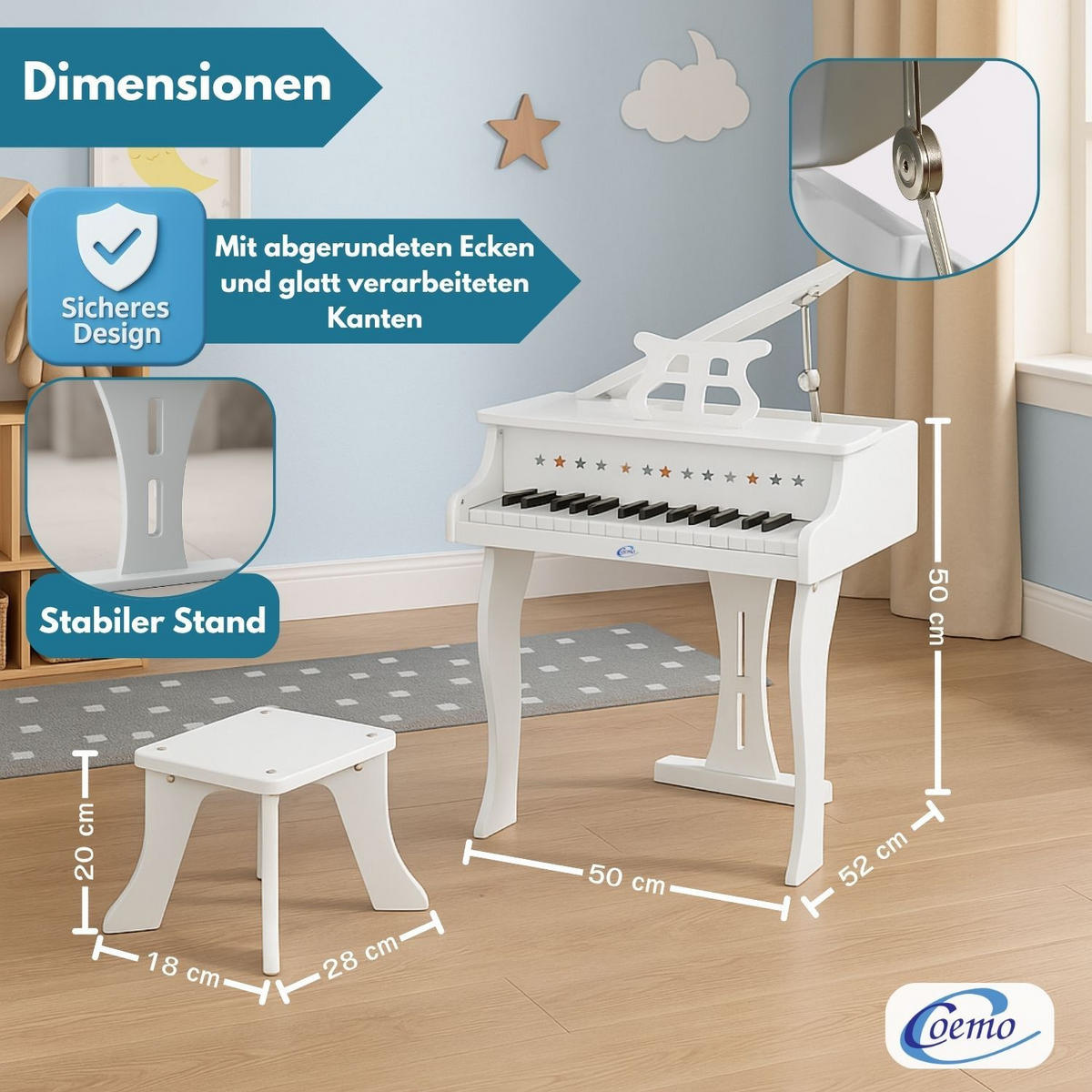 KINDERFLÜGEL mit Hocker Farbe Weiß - Weiß, Holzwerkstoff (52/50cm) - Coemo