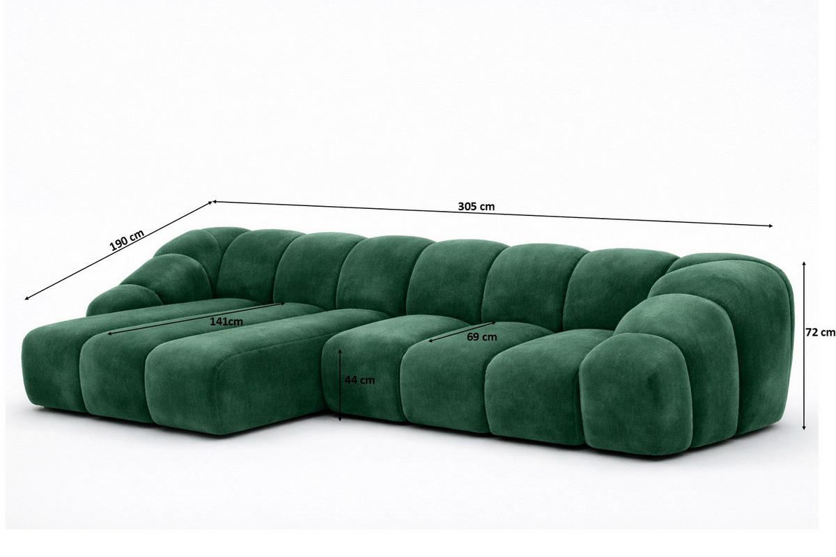 ECKSOFA Modulare L-Form, Veloursstoff Bluvel, Grün, Links, CROISSANT L - Grün, Holz (305/190cm) - Kaiser Möbel