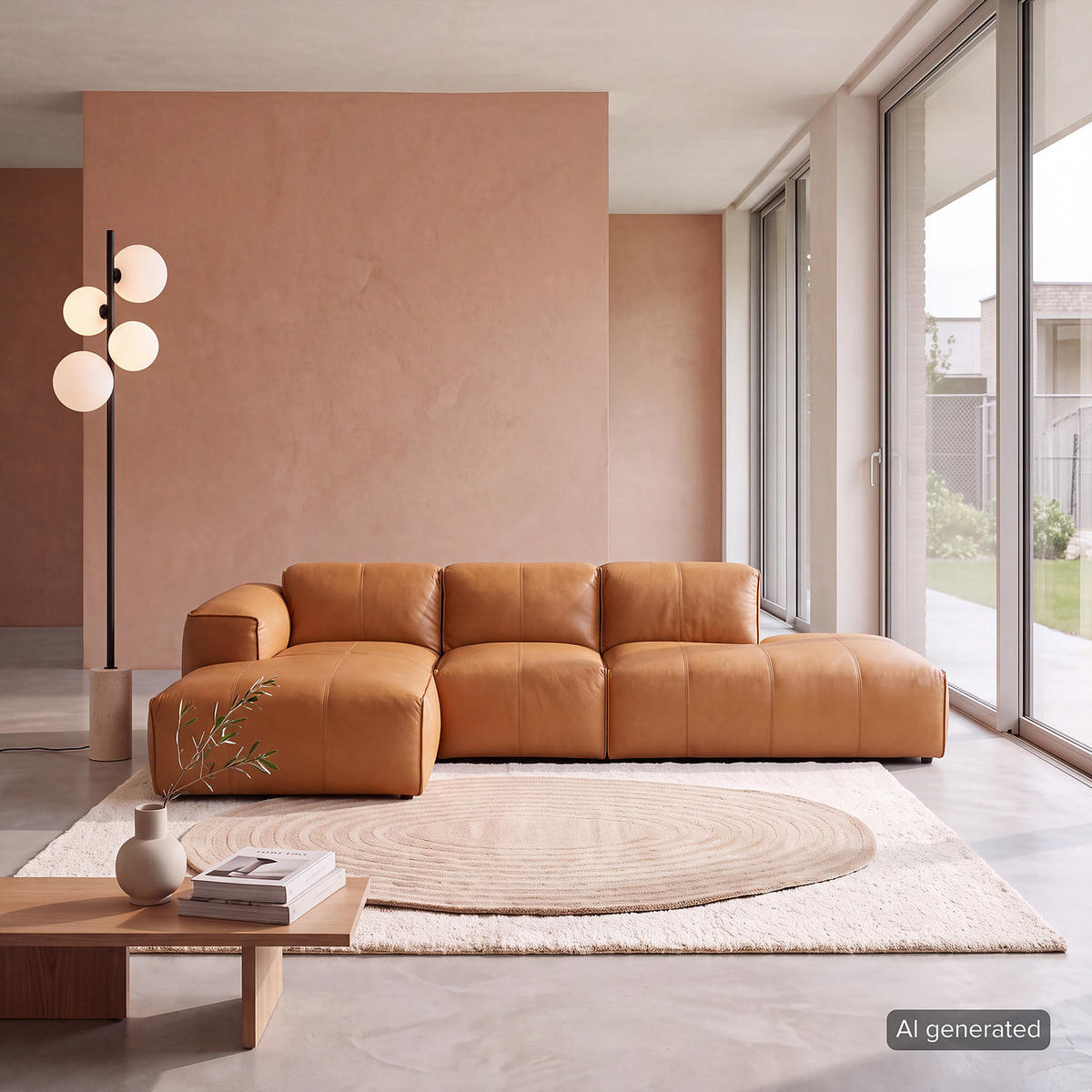 ECKSOFA mit Chaiselongue - Cognac/Schwarz, Leder/Kunststoff (290/173cm) - home24