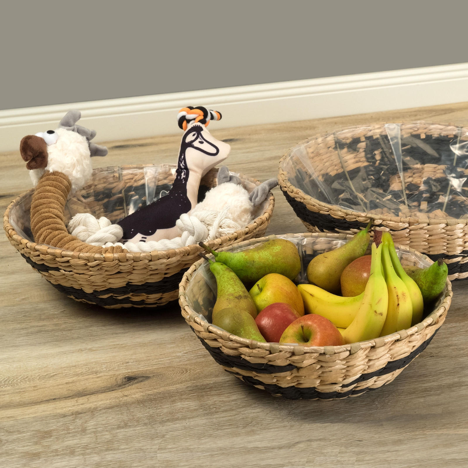 KORB-SET Liva 3-teilig verschiedene Größen, wasserdicht natur-schwarz - Silberfarben, Naturmaterialien (12cm) - CREEDWOOD