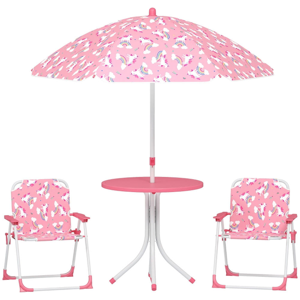 KINDER-GARTENMÖBEL 4-tlg Kindersitzgruppe Rosa mit Sonnenschirm Kindertisch und 2 Klappstühle - Rosa, Textil - Raelunyi