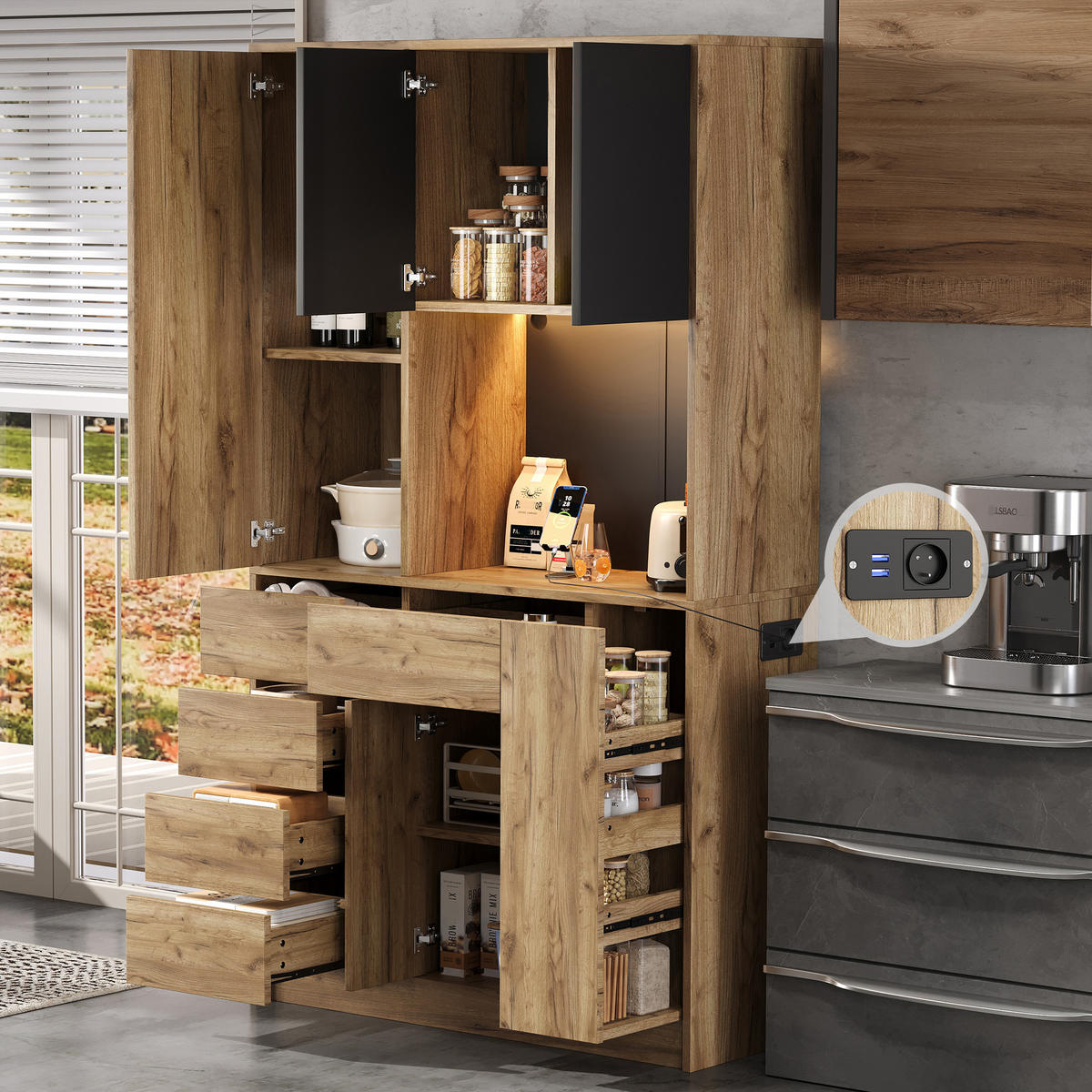 HIGHBOARD DE-38663 185/105/40 cm LED-Beleuchtung und 4-stöckiges Gewürzregal Natur - Naturfarben, Holzwerkstoff (105/185/40cm) - ComfortXL