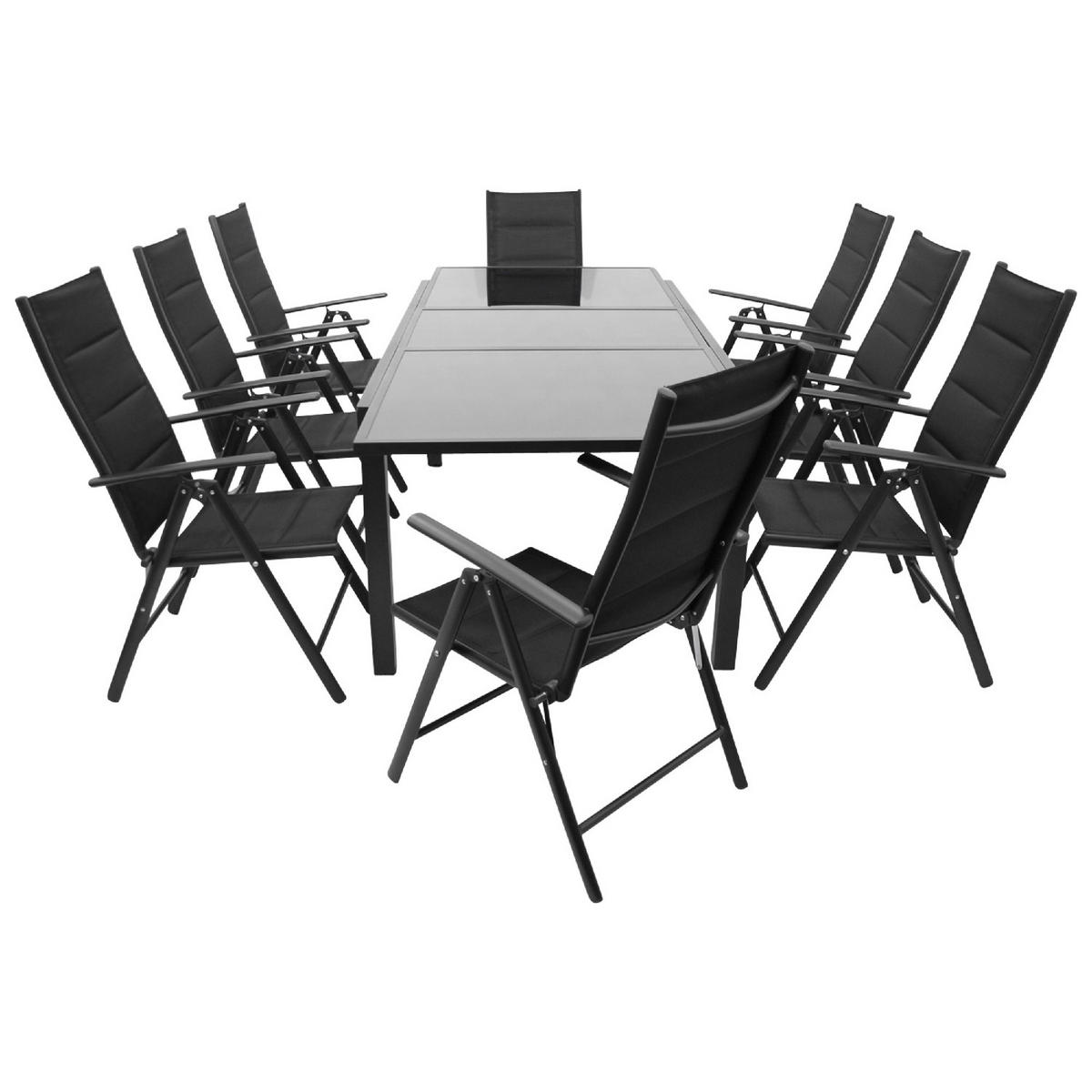 GARTEN-GARNITUR Ashford - 9-teilige Garten-Essgruppe (8x Klappsessel, Aluminium dunkelgrau + Textilgewebe gepolstert schwarz - Schwarz, Metall - TPFGarden