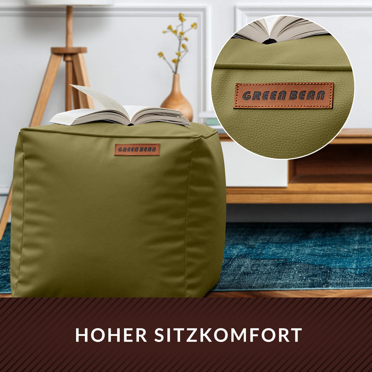 INDOOR HOCKER Cube eckig Kunstleder - Grün, Textil (40/40/40cm) - Green Bean