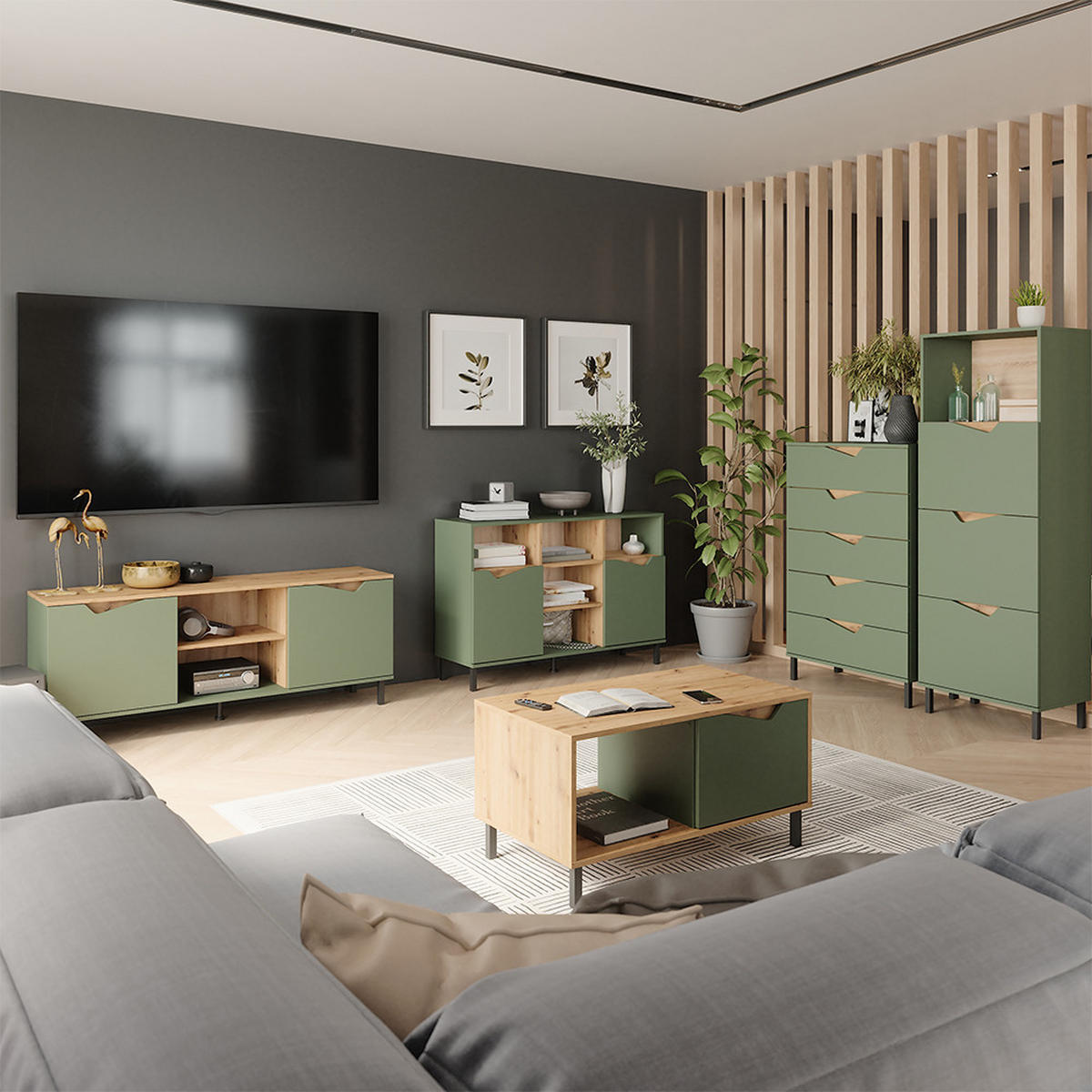 KREDENC Marelle Zelená/umělecká - světle šedá/zelená barva, kompozitní dřevo (60/169.5/38cm) - Vicco