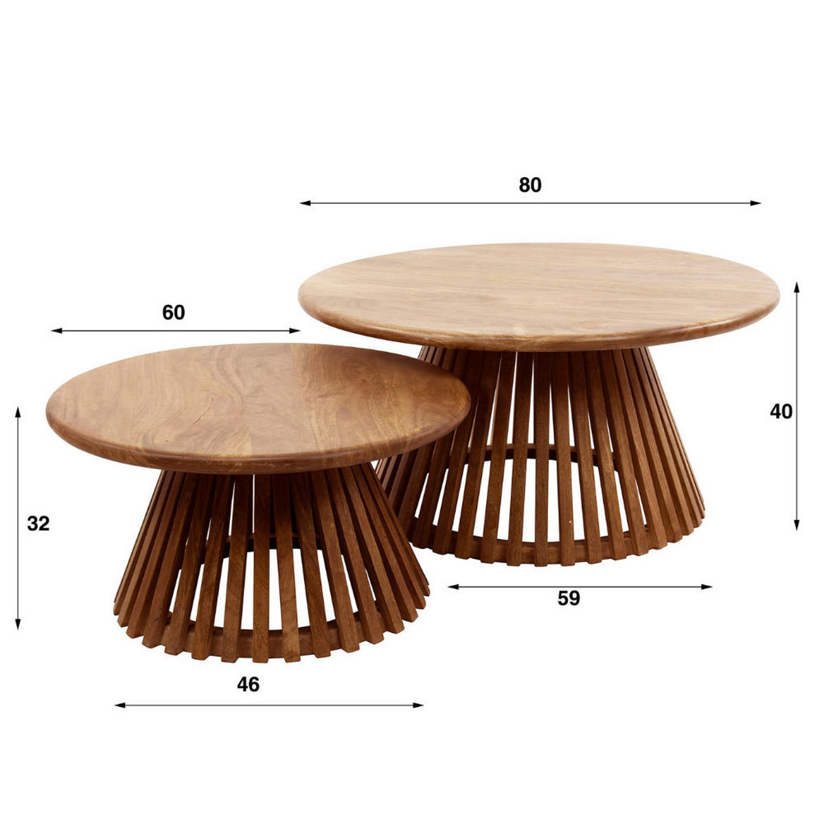 COUCHTISCH-SET VICO AIR Design-Satztische mit offenem Lamellen-Konus - Sandfarben, Holz (80/80/40cm) - alesvelt