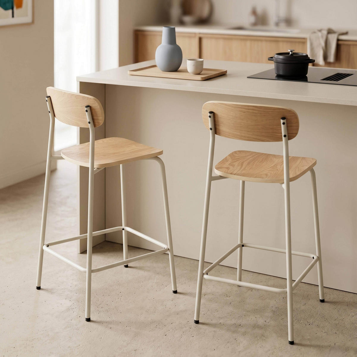 BARHOCKER 2-tlg., Beige - Beige, Holz/Metall (50/96/42cm) - Oviala