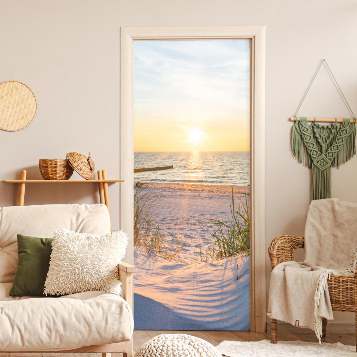TÜRAUFKLEBER Selbstklebend - Strand - Sonne - Düne - Gras - Sand - Horizont 95x215 cm - Türtapete - Dunkelgelb, Kunststoff (95/0.1cm) - MuchoWow