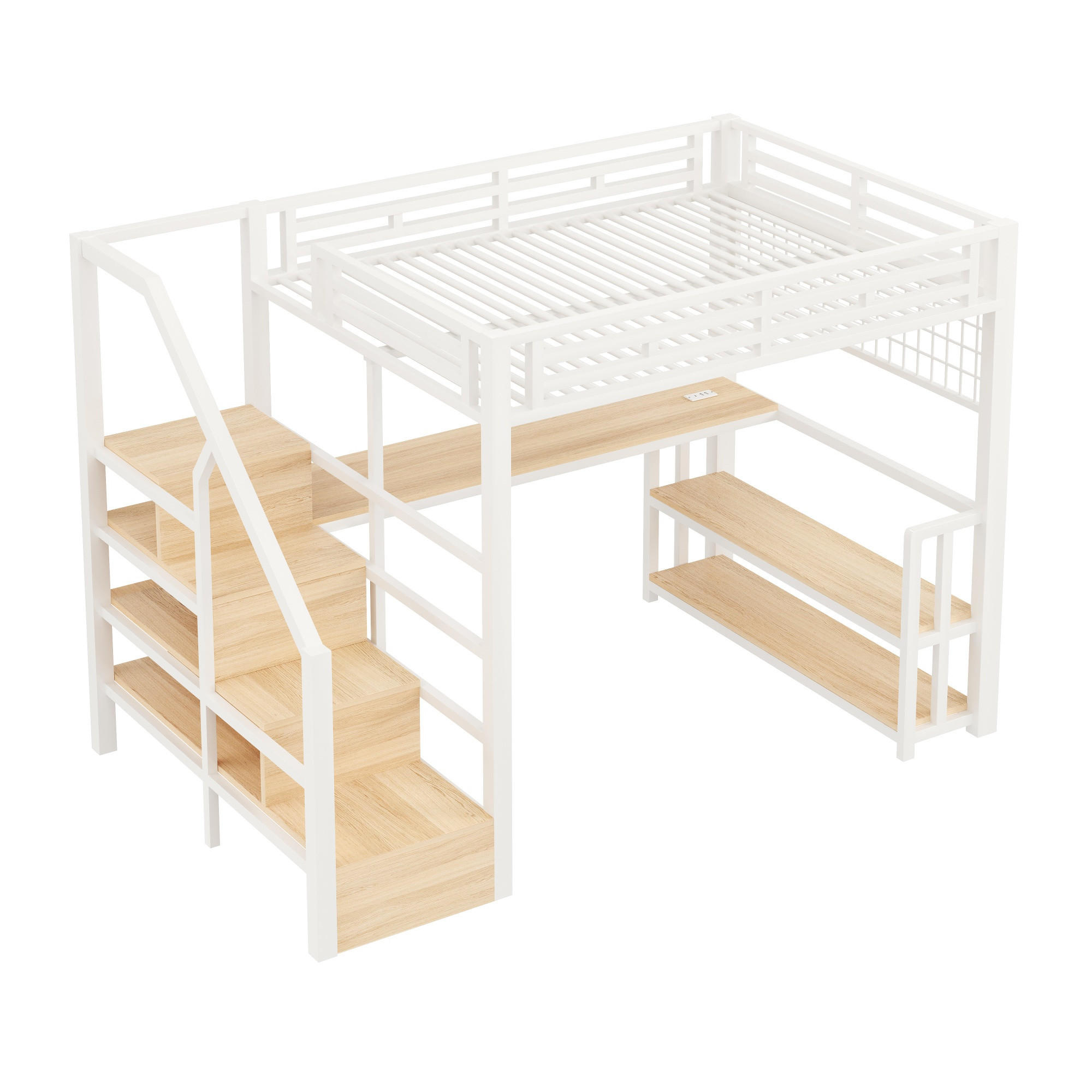HOCHBETT 140/200 cm DE-04545, mit LED, Schreibtisch und Stauraum-Treppe in Schwarz - Weiß, Metall (140/200cm) - ComfortXL