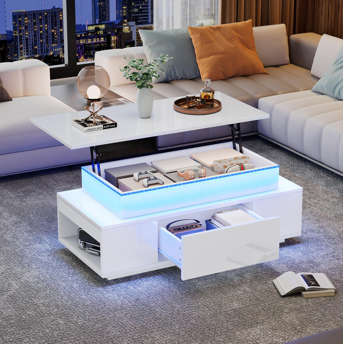 COUCHTISCH 96/45/40 cm in Weiß, höhenverstellbar mit Stauraum und LED-Beleuchtung - Weiß, Holzwerkstoff (96/45/40cm) - Flora Grace