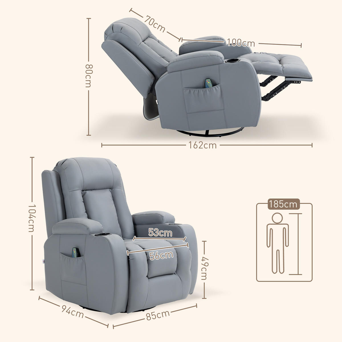 MASSAGESESSEL Kunstleder Hellgrau - Hellgrau, Leder (94/104/85cm) - HOMCOM