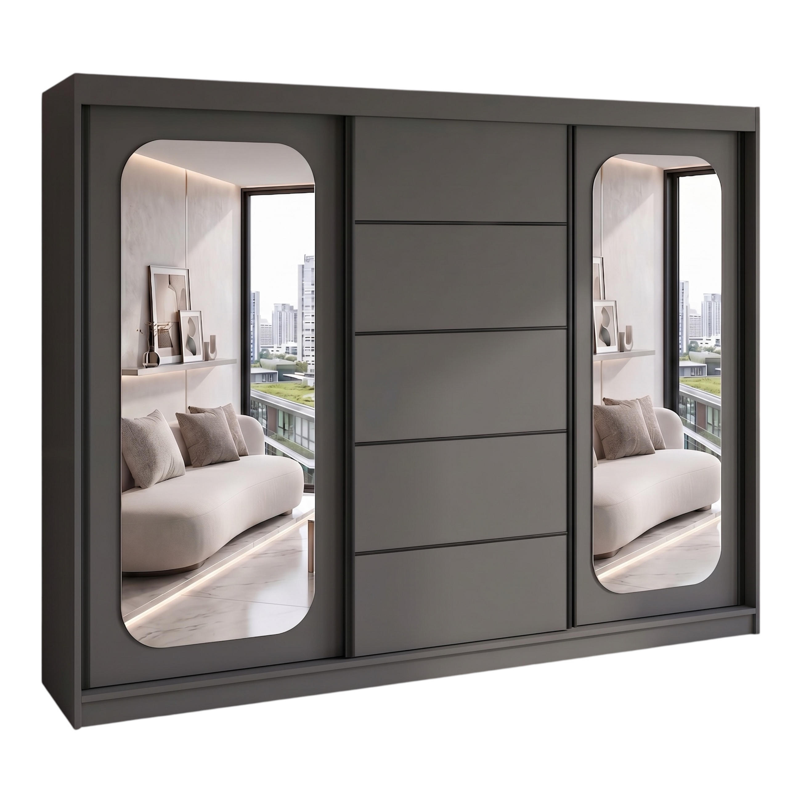 SCHWEBETÜRENSCHRANK BELANO 200 cm. Innenausstattung: Premium Plus - Graphitfarben, Holzwerkstoff (200/215/59.5cm) - A&J MöbelLand