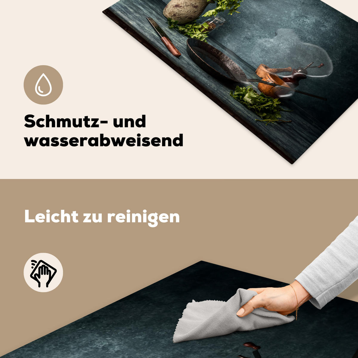 HERDABDECKPLATTE Kräuter - Gewürze - Pfanne - Messer - Grau - Rustikal Induktionsmatte 83x51 cm - Petrol, Kunststoff (83/51.5/0.2cm) - MuchoWow