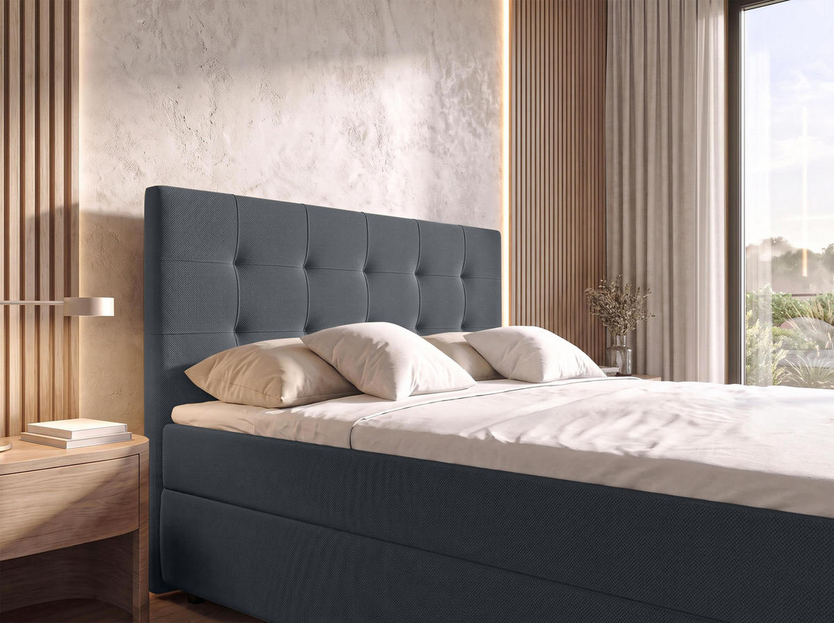 BOXBETT SAKARYA 140x200 cm mit Bettkasten und Matratze - Dunkelgrau + TOPPER - Dunkelgrau/Schwarz, Holz/Holzwerkstoff (140/200cm) - AX Living