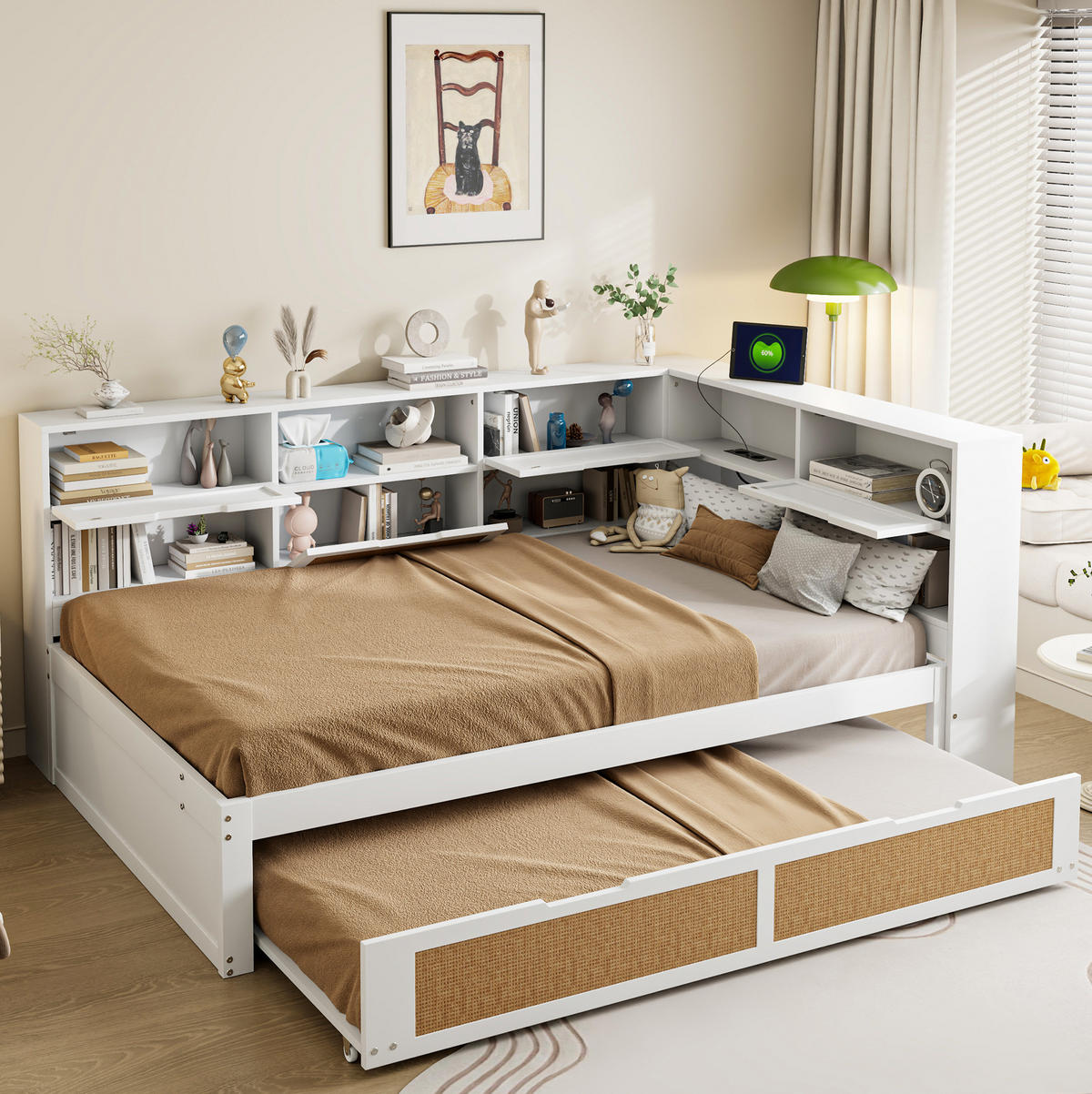 POLSTERBETT aus Holz 140x200 cm in Weiß mit Ausziehbett & USB-Anschluss - Weiß, Holz (140/200cm) - Modfu
