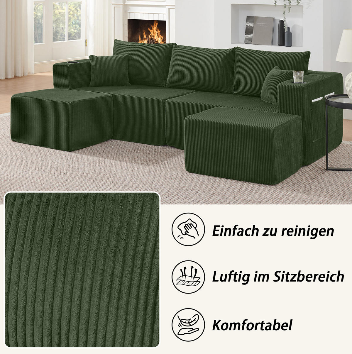 SOFA modular 3-Sitzer L-Form Cord Green mit 2 Ottomanen - Grün, Kunststoff (230/75/138cm) - IVMEU