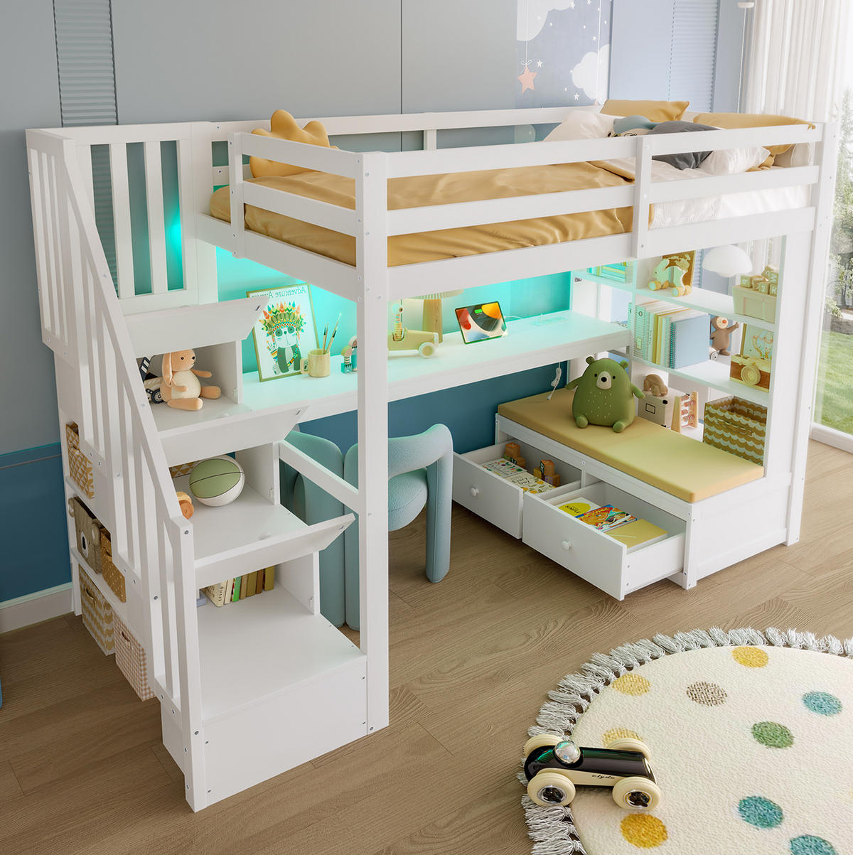 HOCHBETT 90/200 cm aus Kiefer und MDF mit Schreibtisch und Stauraumtreppe Weiß - Weiß, Holzwerkstoff (90/200cm) - Modenvie