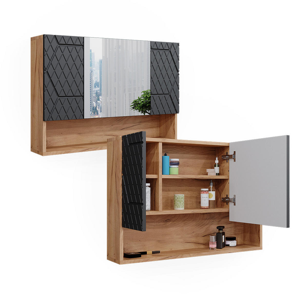 BADSPIEGELSCHRANK Irma Goldkraft Eiche 80.1 x 55 cm - Anthrazit/Eiche Wotan, Holzwerkstoff (80.1/55/17cm) - Vicco