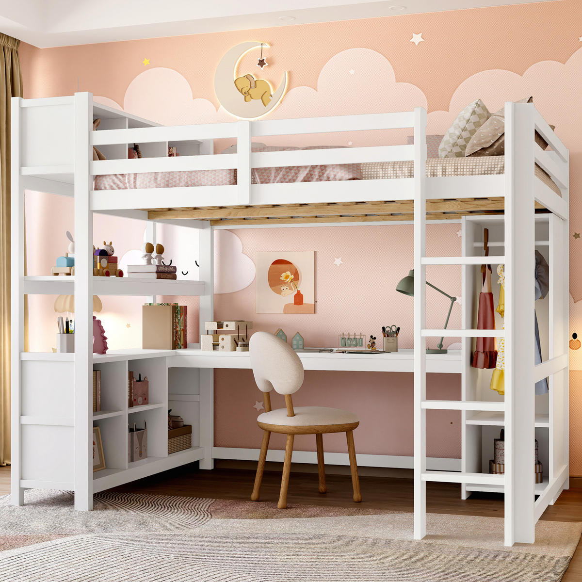 HOCHBETT 140/200 cm mit Schreibtisch, Regalen, Kleiderschrank und Schutzgeländer aus Kiefernholz, Weiß - Weiß, Holz (140/200cm) - Redom