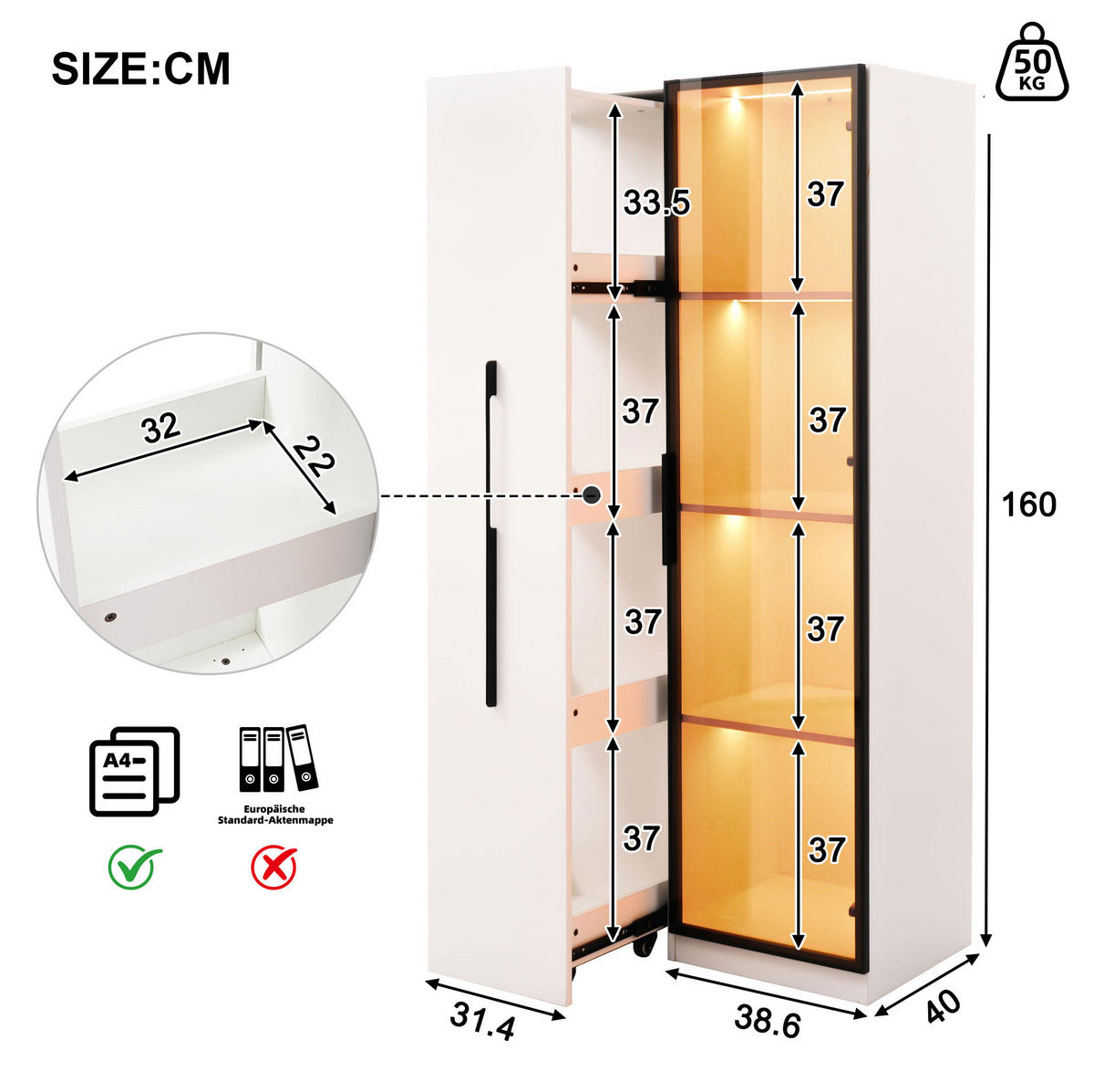VITRINE 70/40/160 cm Weiß aus MDF mit LED-Beleuchtung - Weiß, Holzwerkstoff (40/160/70cm) - OKMYHOME