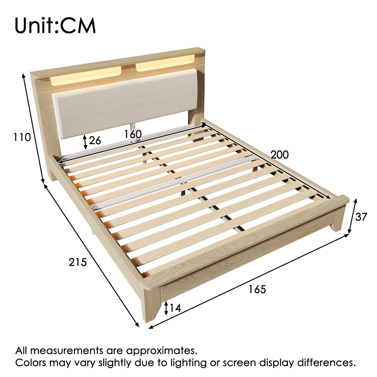 DOPPELBETT 160/200 cm Beige Cordpolster mit Stauraum und LED-Beleuchtung aus Eiche - Beige, Textil (160/200cm) - OKWISH