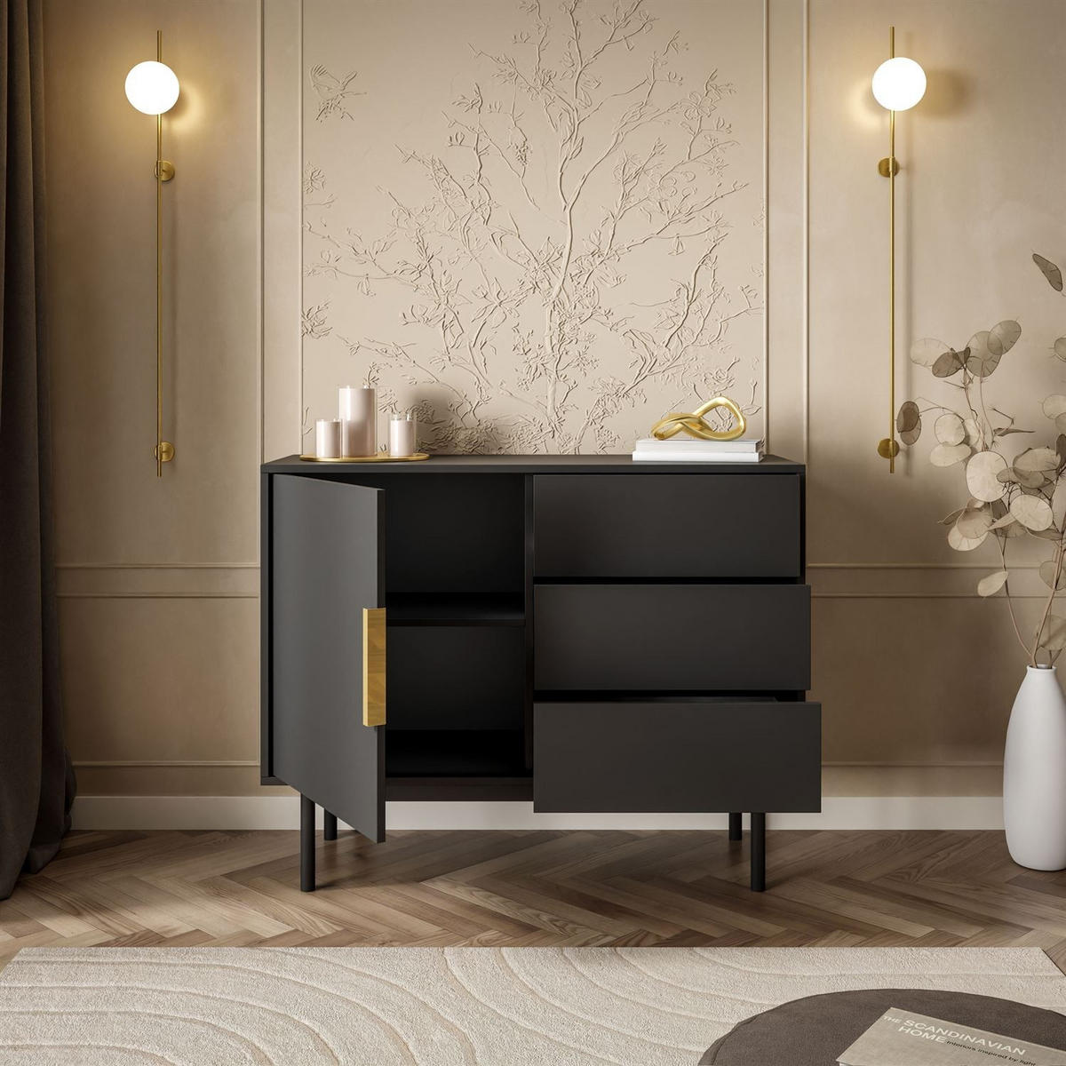 KOMMODE MIRACLE 1D3S mit Schubladen eintrürig Schwarz - Schwarz, Holzwerkstoff (104/82/39cm) - Lookway