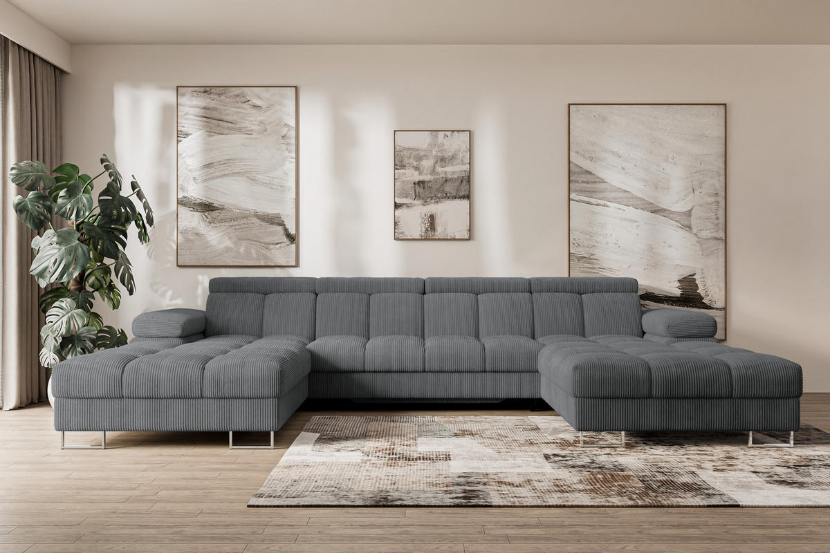 WOHNLANDSCHAFT mit Schlaffunktion und Bettkasten COMA U2 345x203x79 Dunkelgrau Cord - Graphitfarben, Holzwerkstoff/Textil (345/79/203cm) - ALTDECOR