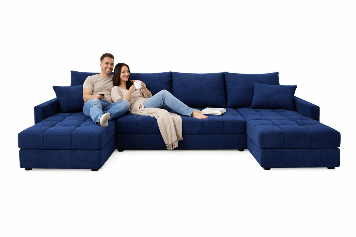 WOHNLANDSCHAFT AURELIA – Ecksofa in U-Form mit Schlaffunktion, Bettkasten & Kissen Stoff KRONOS 287 cm Blau - Blau, Kunststoff (287/140cm) - Wohnideebilder