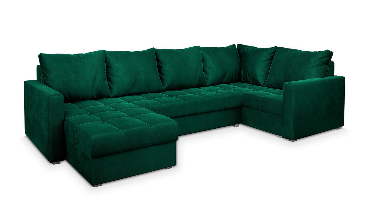 WOHNLANDSCHAFT LORIVO R-S Grün Plüsch-Stoff mit Schlaffunktion - Grün, Holz (285/85/150cm) - MASSENO