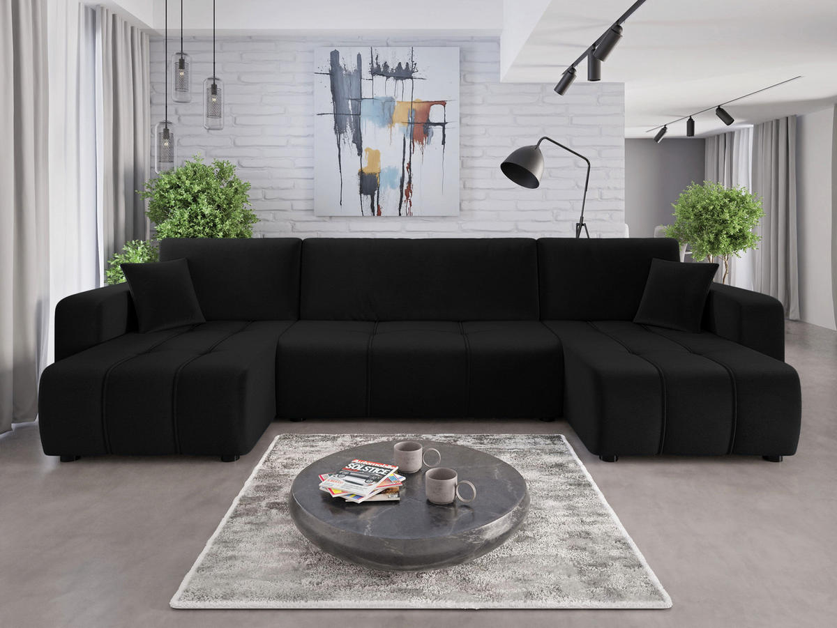WOHNLANDSCHAFT Aice U-Form 317 cm – mit Schlaffunktion, Bettkasten, Kissen & bequemer Wellenfederung - Schwarz, Kunststoff (317/85/146cm) - Wohnideebilder