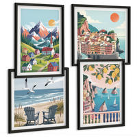BILDER SET 4er Set - 50x50 cm & 40x60 cm Schwarzer Rahmen - Farbenfrohe Berge und Küstenstädte - Schwarz, Kunststoff (50/50cm) - TULUP