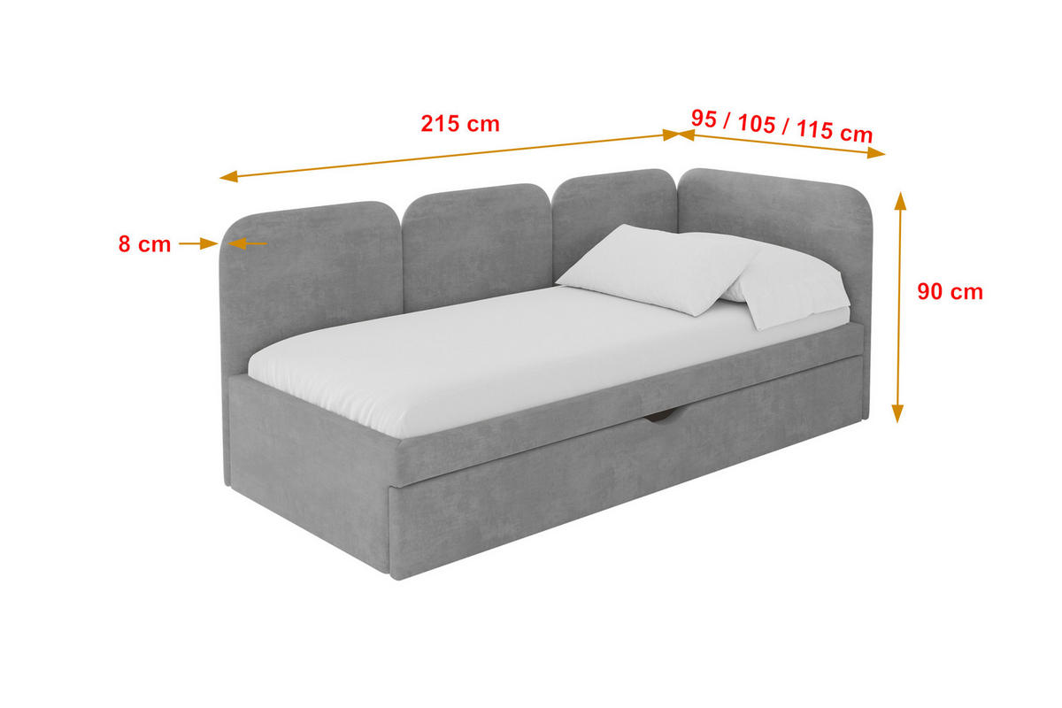 EINZELLBETT Jugendbett mit Bettkasten, Links - ALVY 100x200 Grau - Hellgrau, Holzwerkstoff/Textil (100/200cm) - ALTDECOR