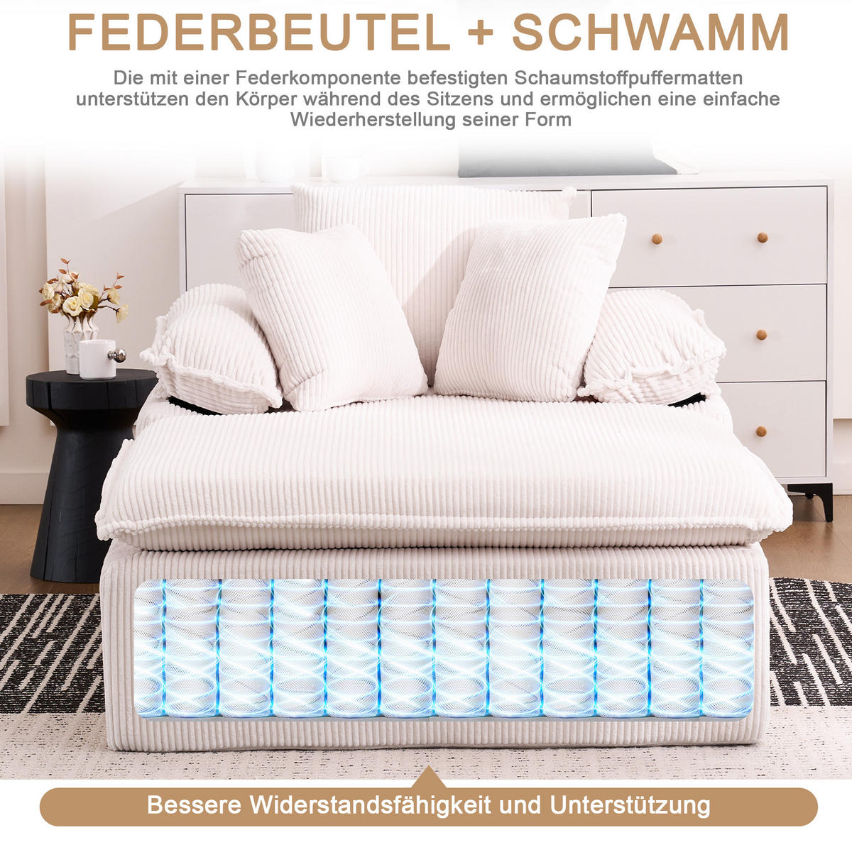 RELAXSOFA Cordstoff mit breiten Armlehnen 177/122/92 cm Weiß - Weiß, Textil (122/92/177cm) - Redom